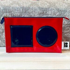 Estée Lauder Large Red w Navy Blue Accent Makeup Bag Clutch Designer Lisa Perry